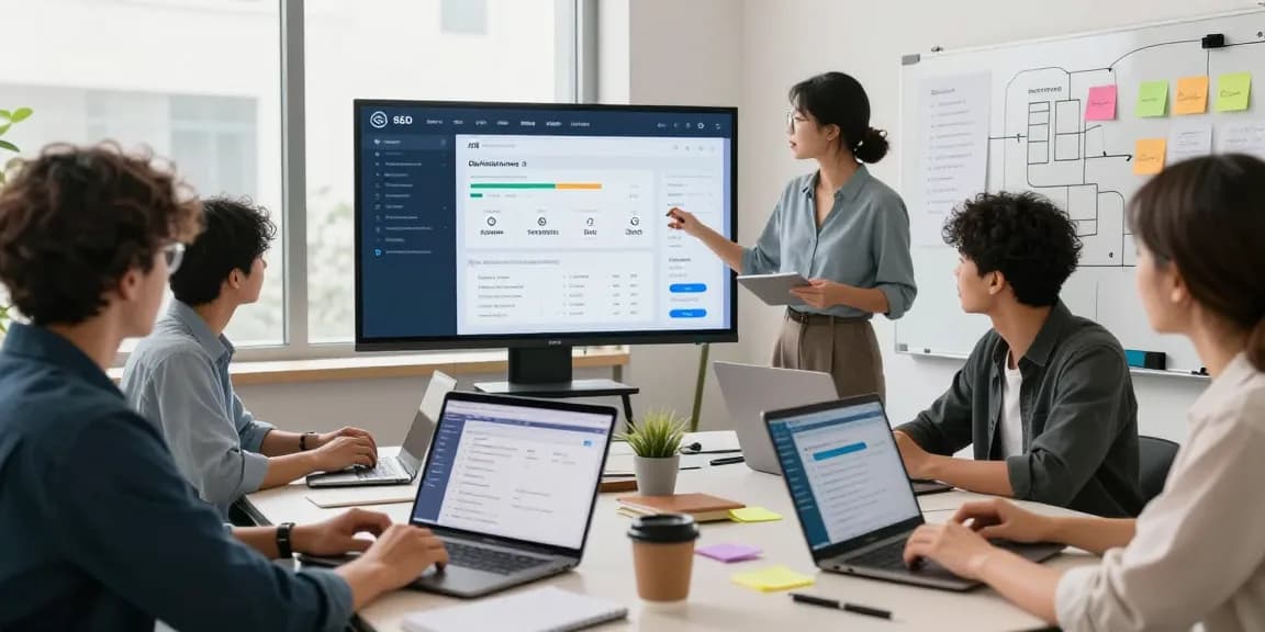Team collaborating on SEO strategies using AI SEO tools, analyzing data on large screen in modern workspace.