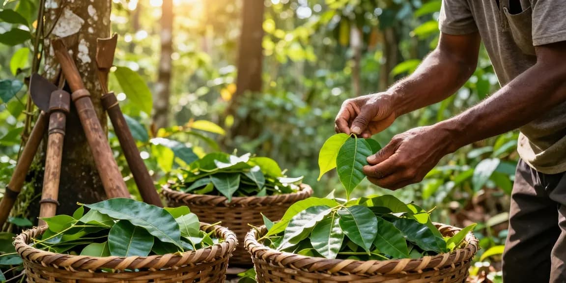 Harvesting third-party tested green Malay Kratom in a vibrant Malaysian rainforest.