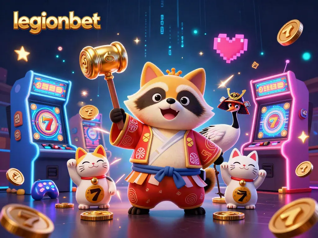 Engage with legionbet's vibrant casino scene showcasing a cheerful tanuki and maneki-neko cats.