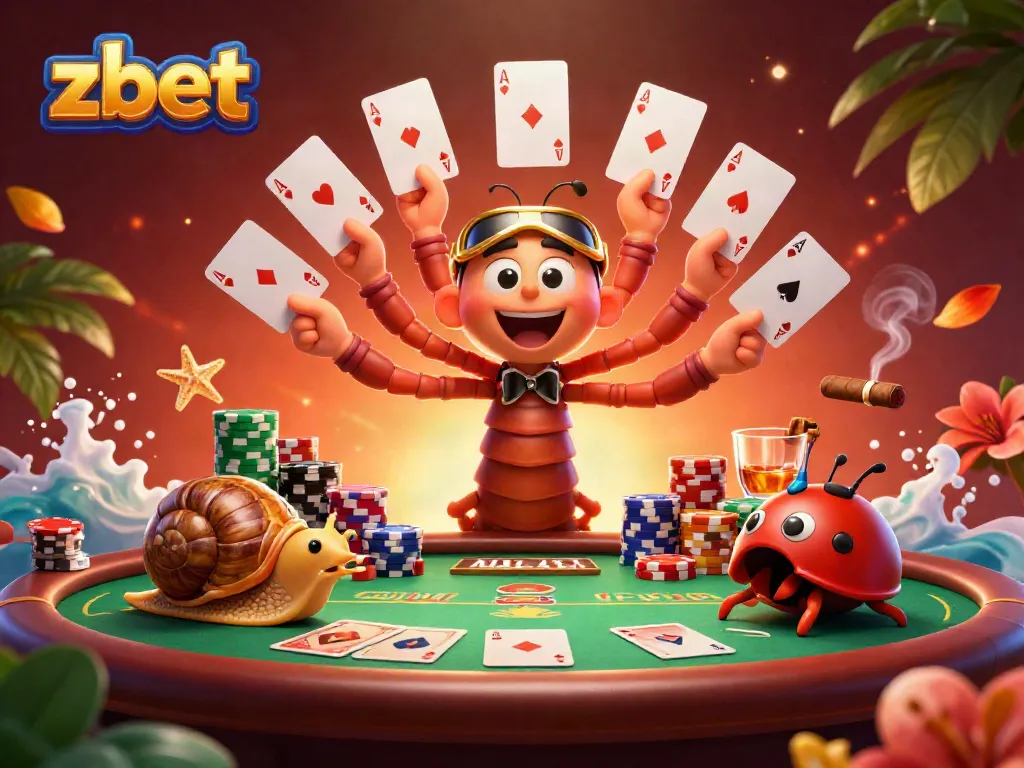 Zbet casino illustration showcasing a vibrant poker scene with a millipede dealer and a snail high-roller.