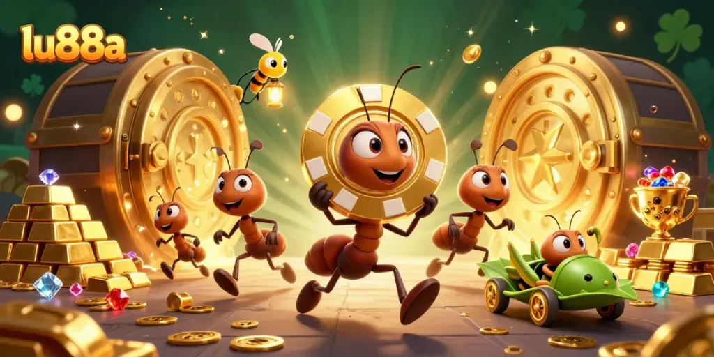 Experience the thrill of lu88a as ants execute a heist with oversized poker chips in a casino adventure.