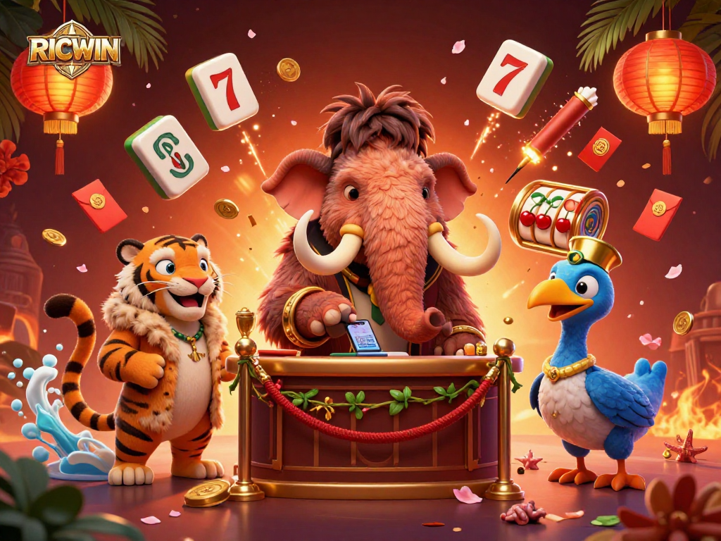 Experience the thrilling entrance of RICWIN with a woolly mammoth bouncer and slot machine excitement.
