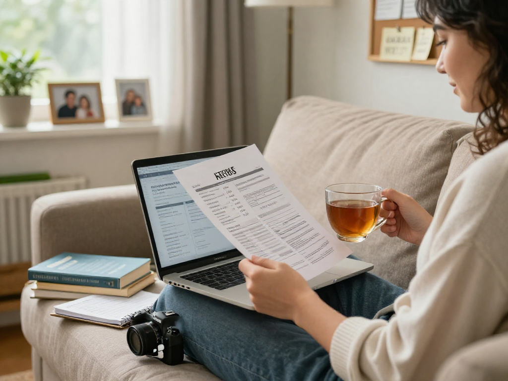 Person managing debt with financial documents and laptop in a cozy home.