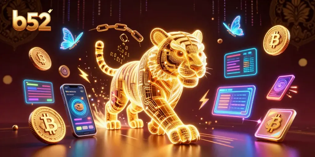 Engage with the b52 online casino, featuring a neon tiger in a dynamic digital landscape of crypto elements.