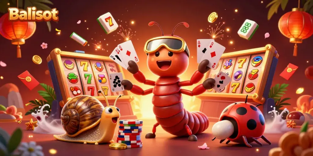 Experience excitement in Balislot as cartoon characters celebrate winning at the slots.
