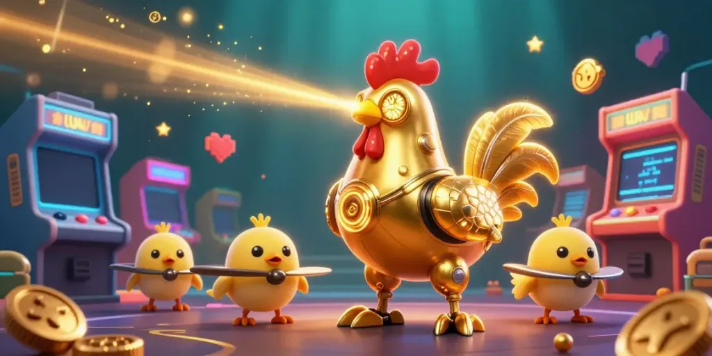 Experience thrilling gaming adventures with llwin, featuring a futuristic golden rooster robot and baby chick drones.