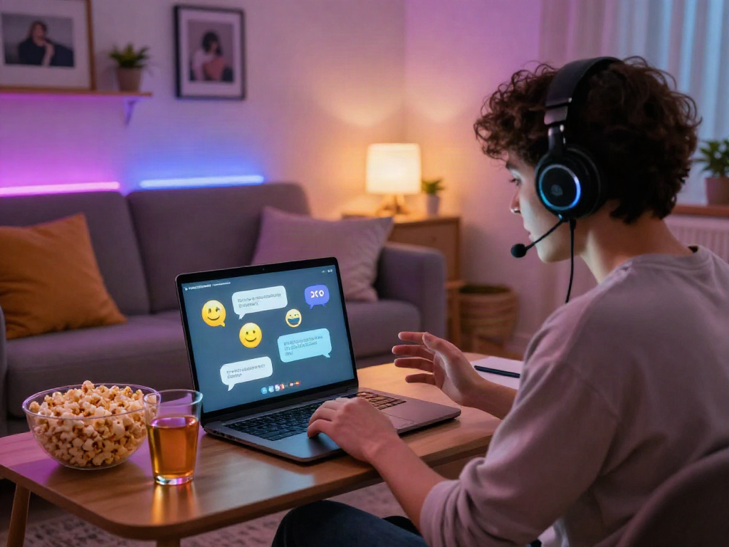 Engaging in ai porn chat interaction in a cozy virtual space with colorful lights.