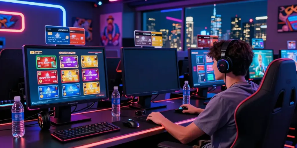 Engaging scene of a player exploring credit card casinos on a laptop, surrounded by gaming peripherals in a vibrant room.