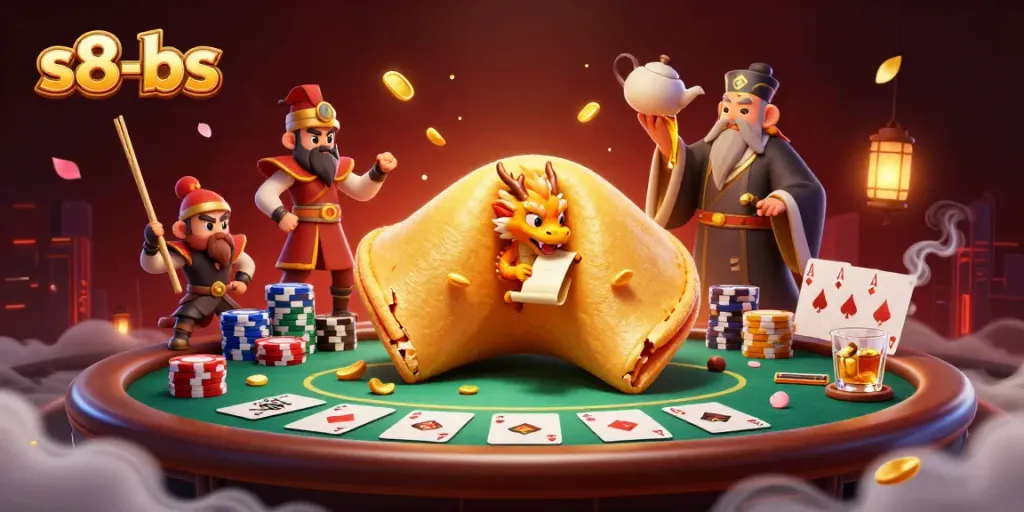 Join the excitement with s8-bs featuring a giant golden fortune cookie and poker elements in a vibrant casino scene.
