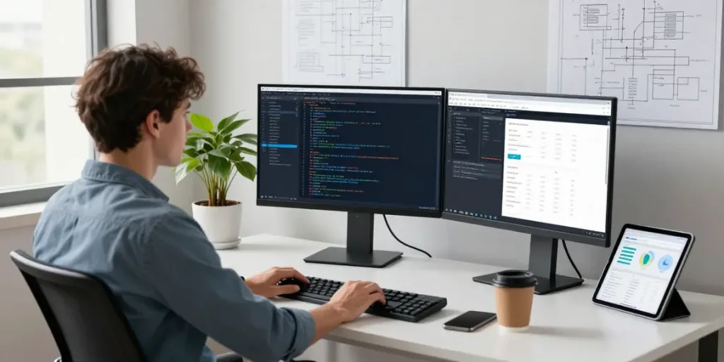 Web developer utilizing instant indexing tools in a vibrant workspace.