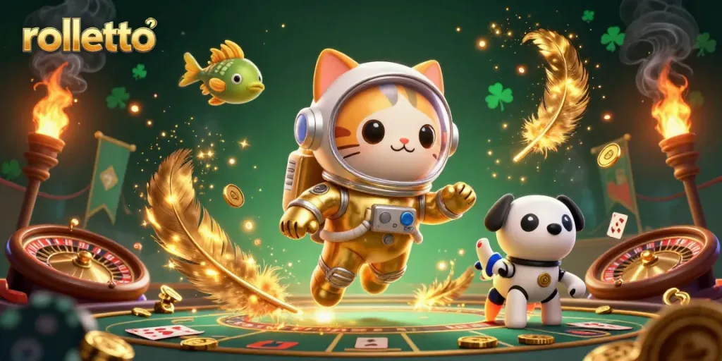 Experience rolletto excitement with a dynamic 3D casino scene featuring space characters and gaming elements.