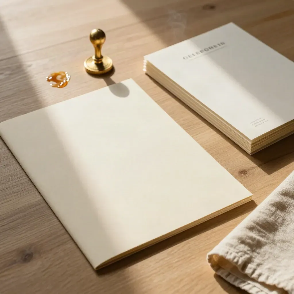Startup legal pack with folders, brass company seal and linen on pale wood beside a coffee ring.