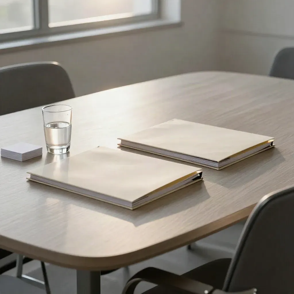 Empty mediation table with folders, water glass, and face-down notes in a quiet legal meeting room