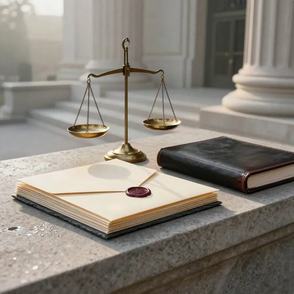 Rain-lit legal case kit with brass scales, slate folder, wax seal, and courthouse haze.