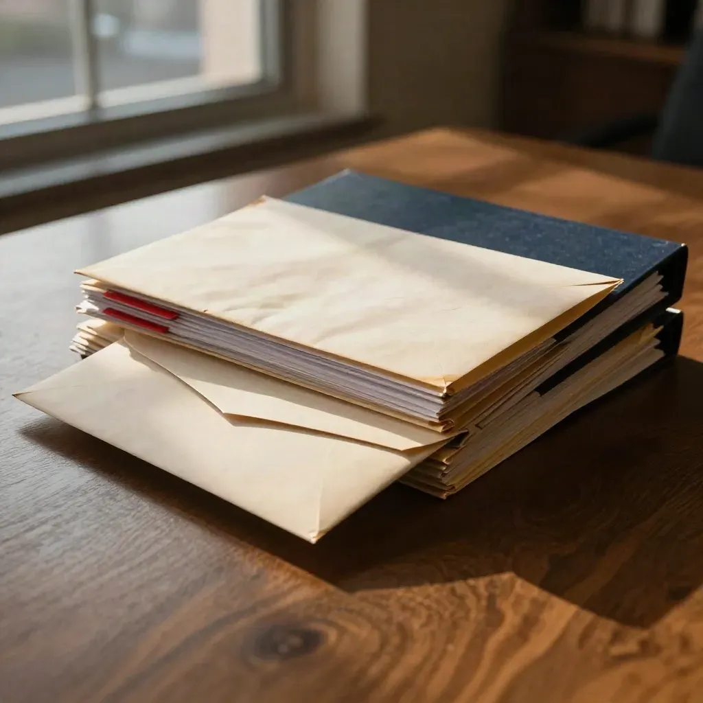 Debt recovery file bundle with envelopes on a long oak table at dusk.