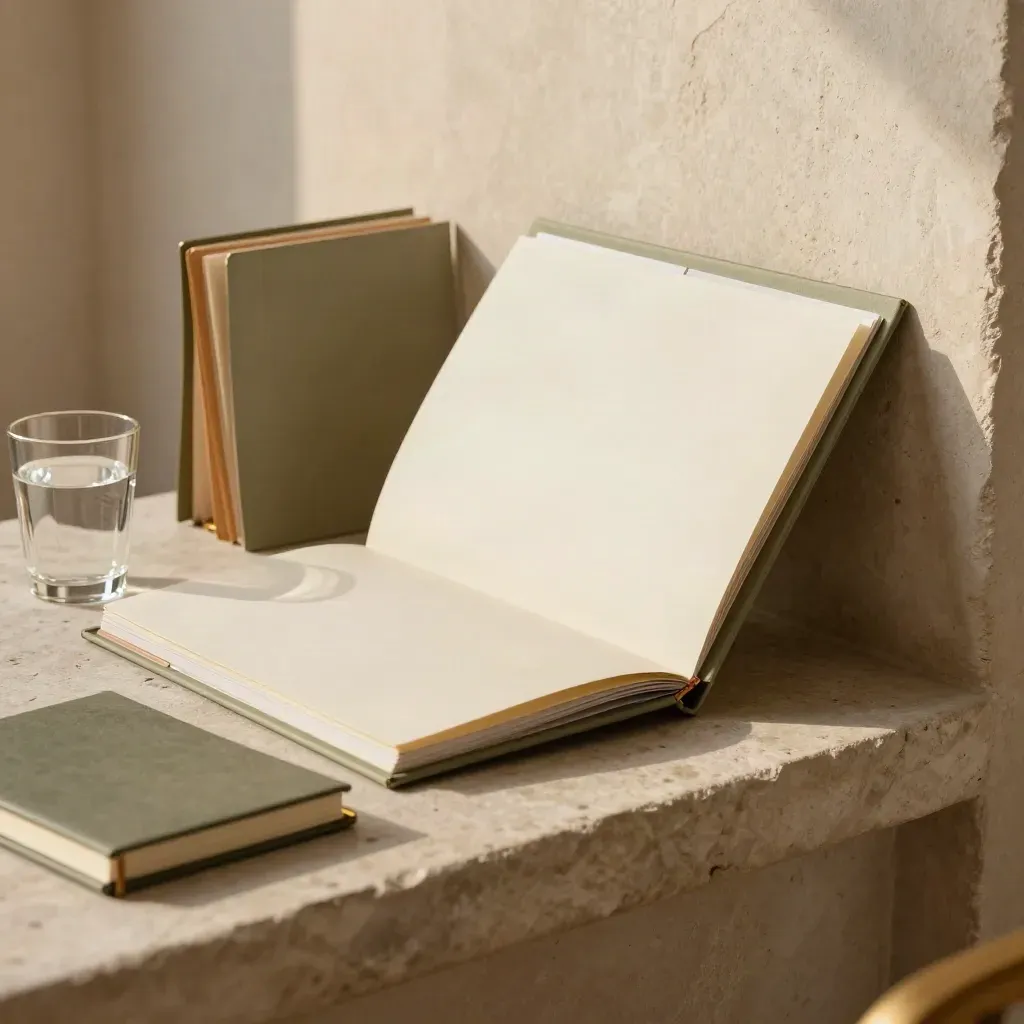 Open dispute folders, water glass and folded notebook on pale stone in warm afternoon light.