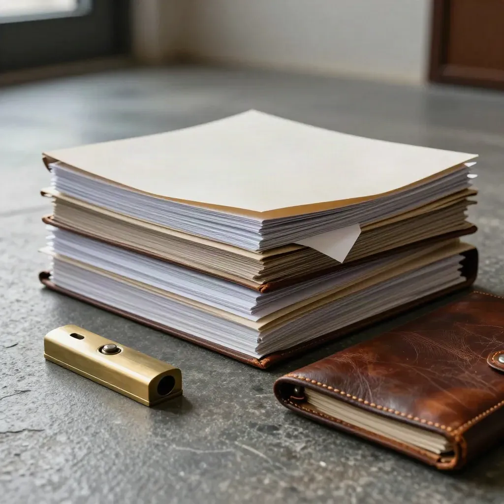 Floor-level legal file stack with leather folio and paperweight on brushed stone in cool light.