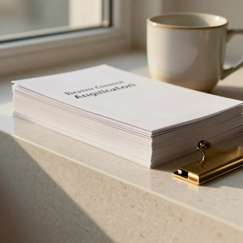 Face-down employee handbook stack, ceramic cup and brass clip on pale plaster in soft daylight.