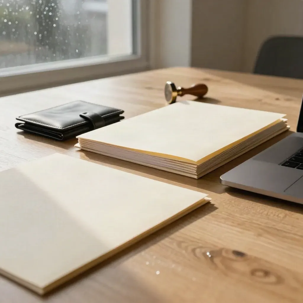 Ivory incorporation folders, seal stamp, and closed laptop on a light oak conference table.