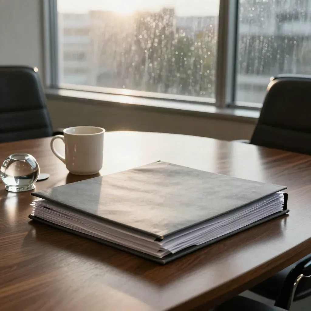 Legal office desk with policy folders, mug and paperweight beside a rain-streaked window.