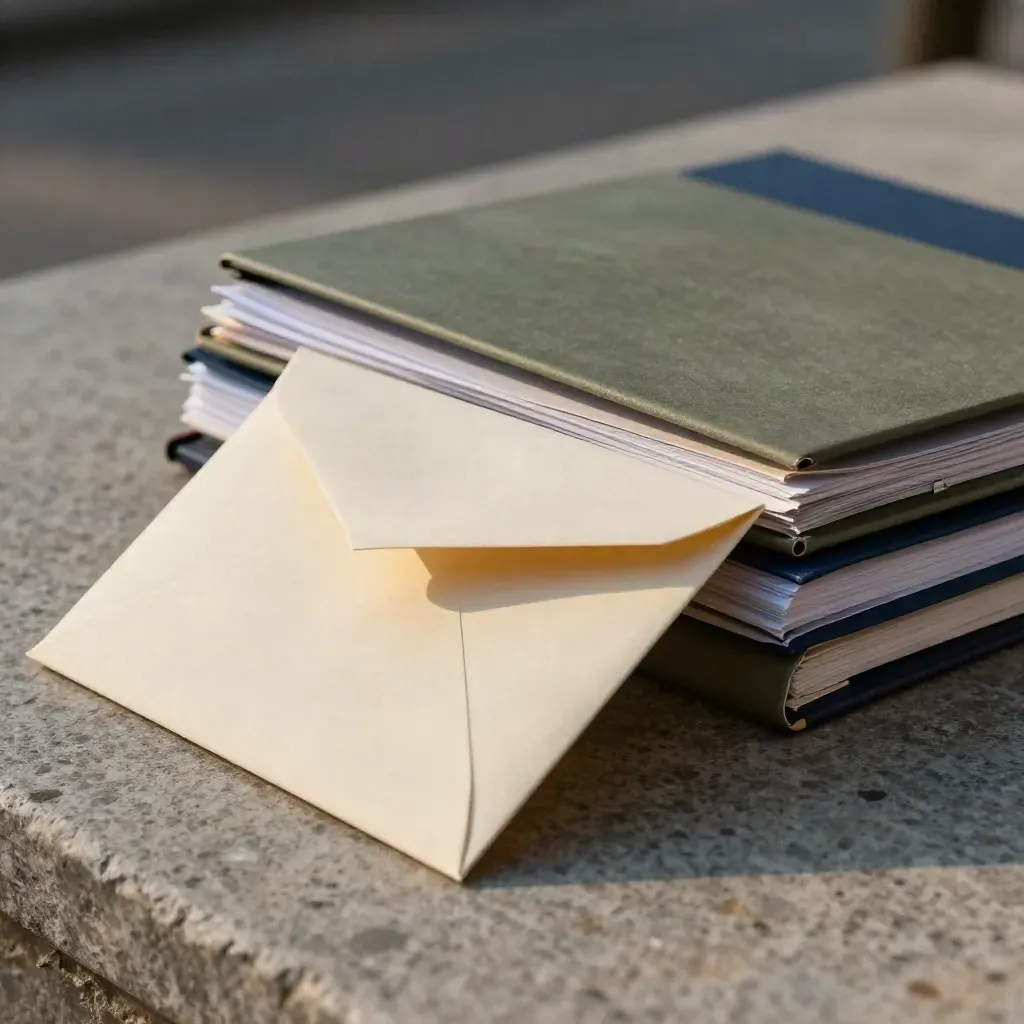Sealed reminder envelope, ledger box, and metal clip on pale stone in tense evening light.