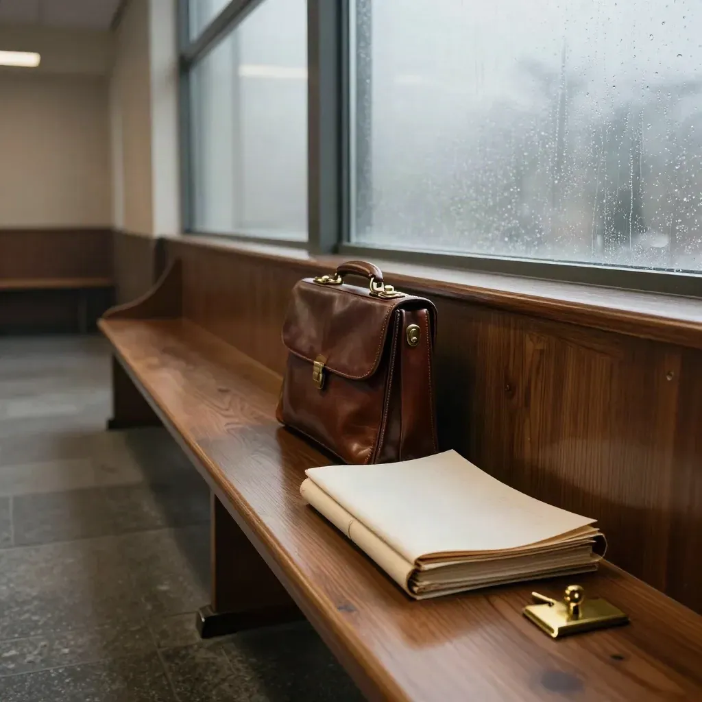 Open briefcase, closed case bundle and brass clip on a courthouse bench in moody light.