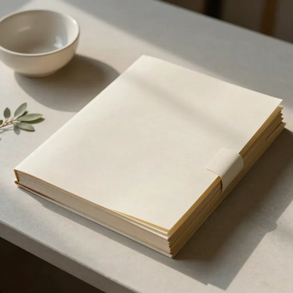 Top-down legal folders, ivory bowl and plant on plaster, soft daylight.
