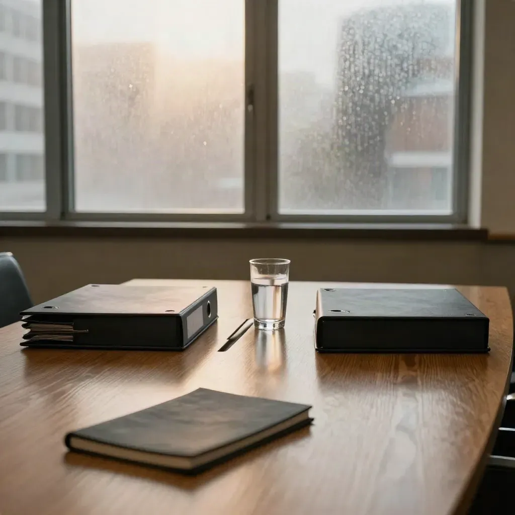 Legal file packs, water glass and slate notebook on an oak table with rain-misted window light.