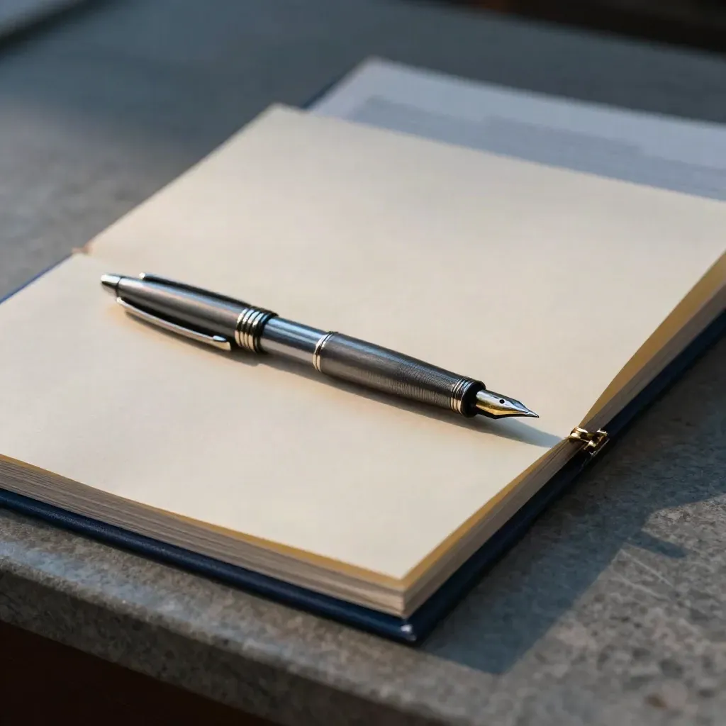 Blank contract sleeves, fountain pen, and brass clip on stone, with a lifted page edge.
