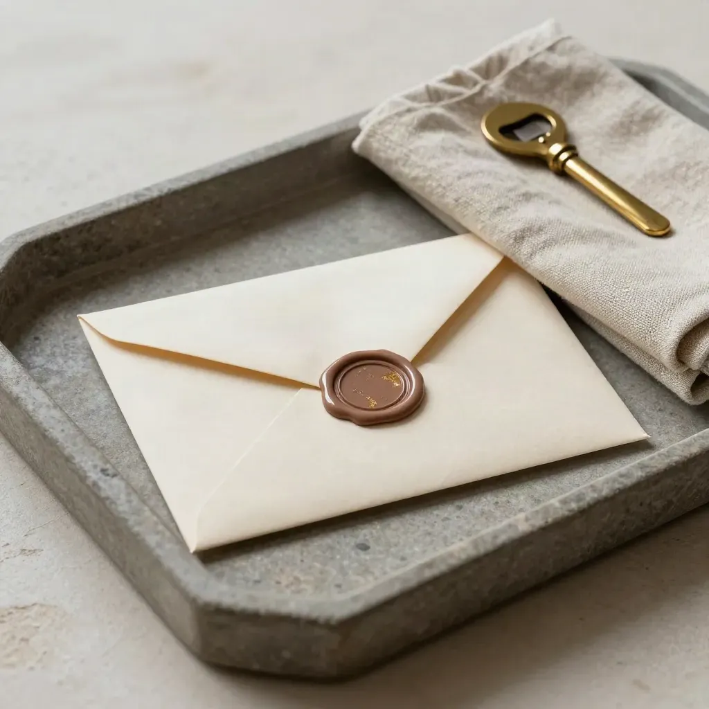 Sealed buff envelope, brass letter opener, and folded linen cloth on a stone tray.