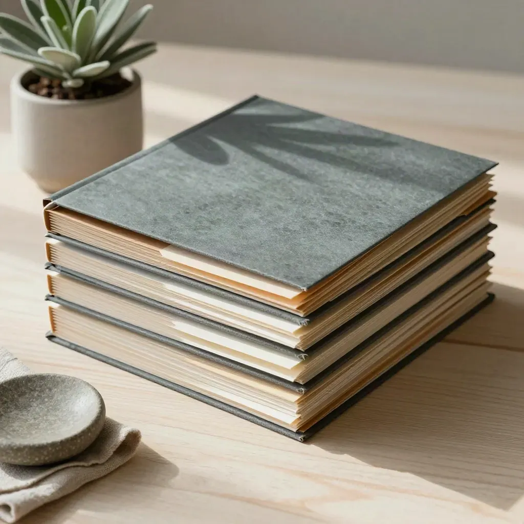 Policy folders with plant, dish and linen on pale wood, softly lit still life.
