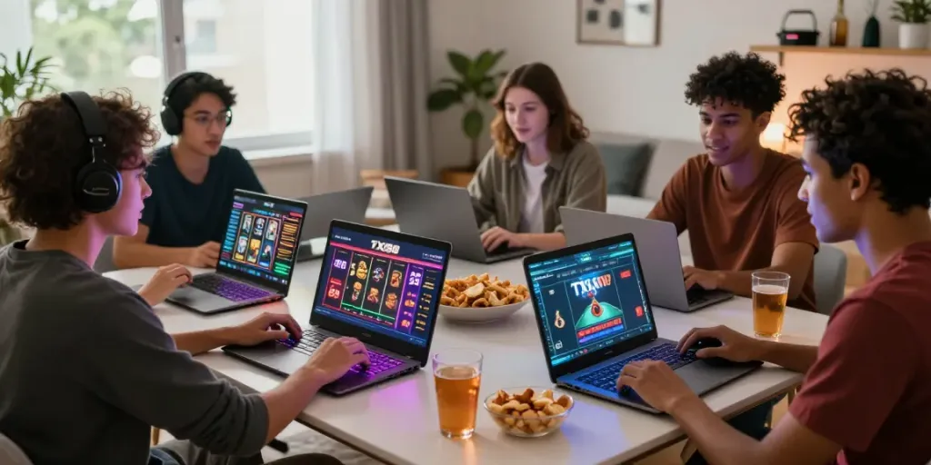 Group of friends enjoying online gaming at TX88, illuminated by colorful lights and vibrant ambiance.