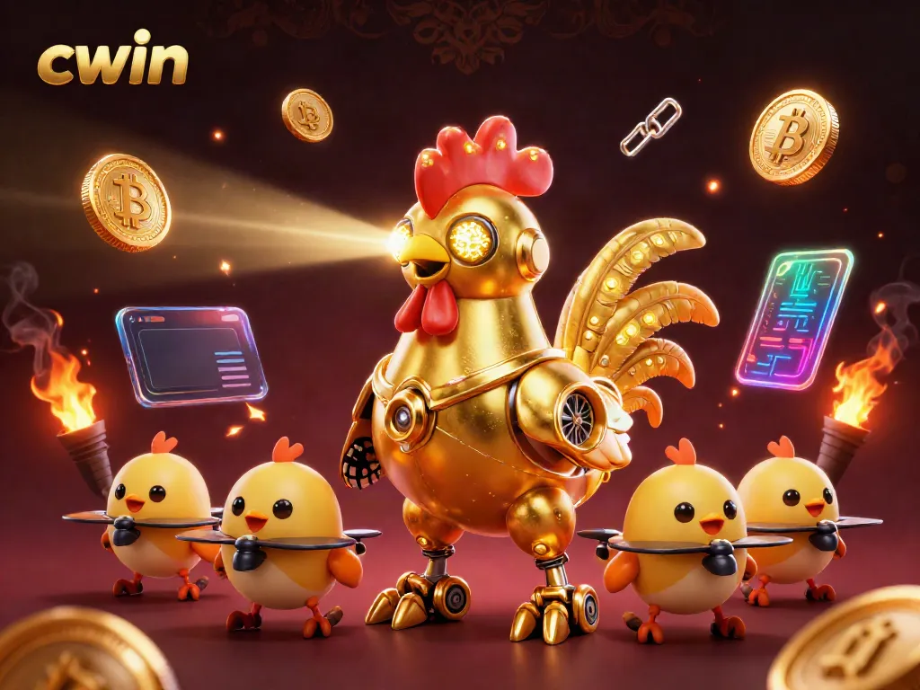 Cwin illustrates an exciting casino scene with a golden robot and chick drones, showcasing vibrant elements like Bitcoin and Ethereum coins in action.