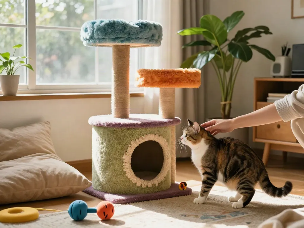 Stylish cat cat tree with playful feline in a cozy living room