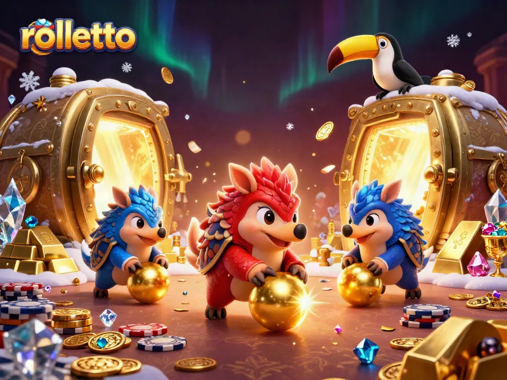 rolletto pangolins bowling through poker chips, surrounded by golden treasures and vibrant effects