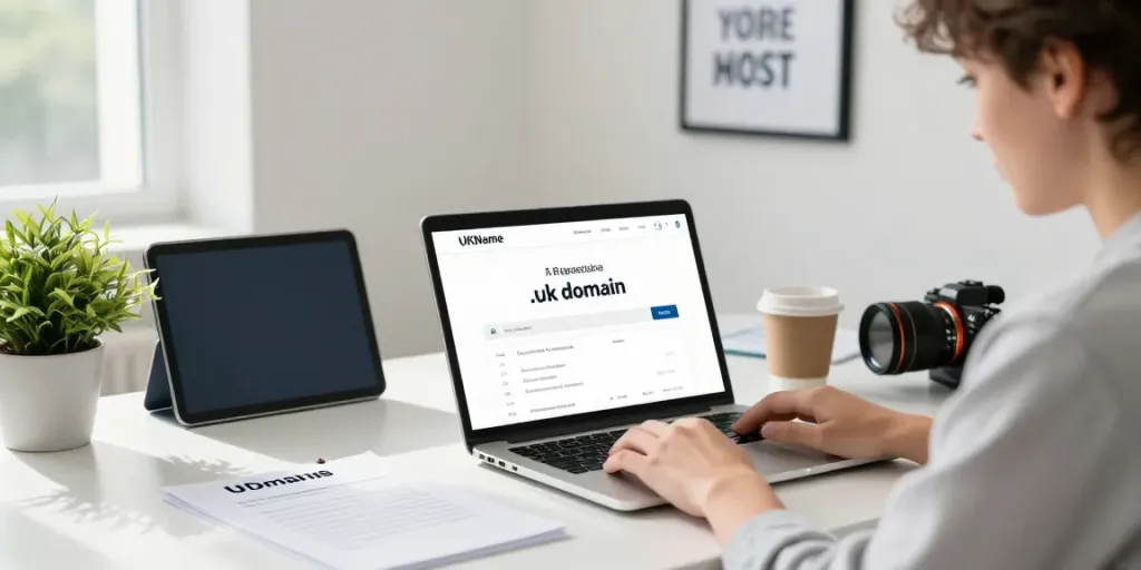 Engaging workspace for .uk domain registration, featuring a professional using a laptop amidst a bright office setting.