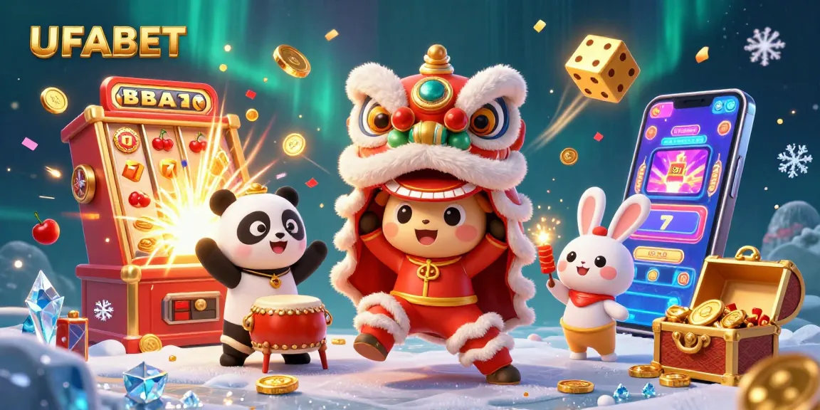 UFABET jackpots light up the scene as a lion dance and characters celebrate with coins and festive decor.
