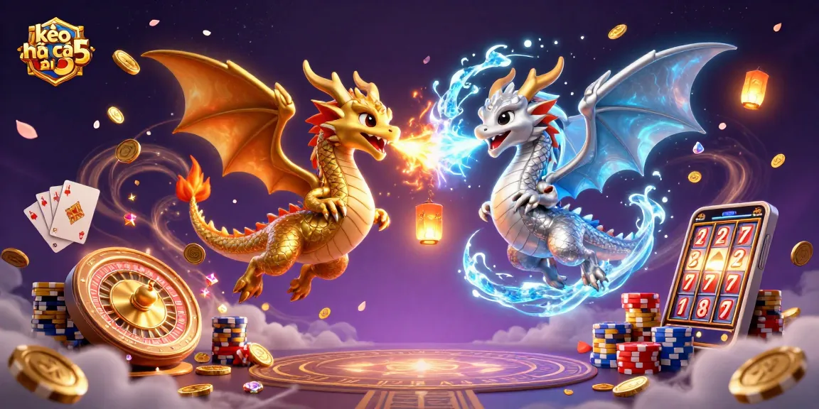 Engaging kèo nhà cái 5 scene featuring golden and silver dragons among casino elements.