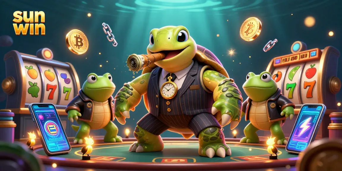 Experience thrilling gameplay at sun win with a massive turtle mobster and dynamic casino elements.
