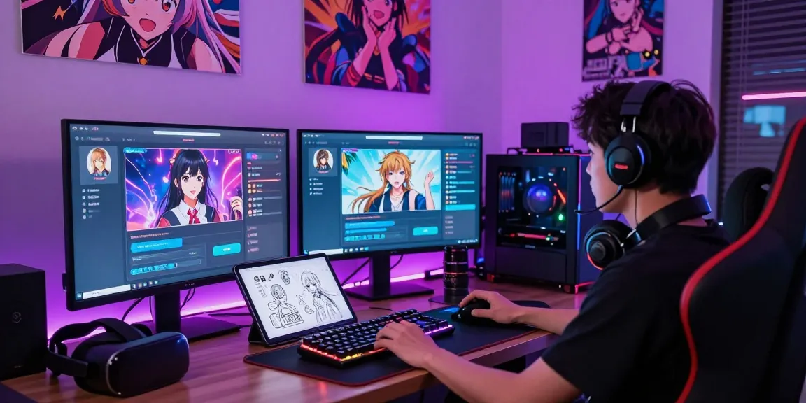 Gamer interacting with ecchi AI characters in a neon-lit gaming room.