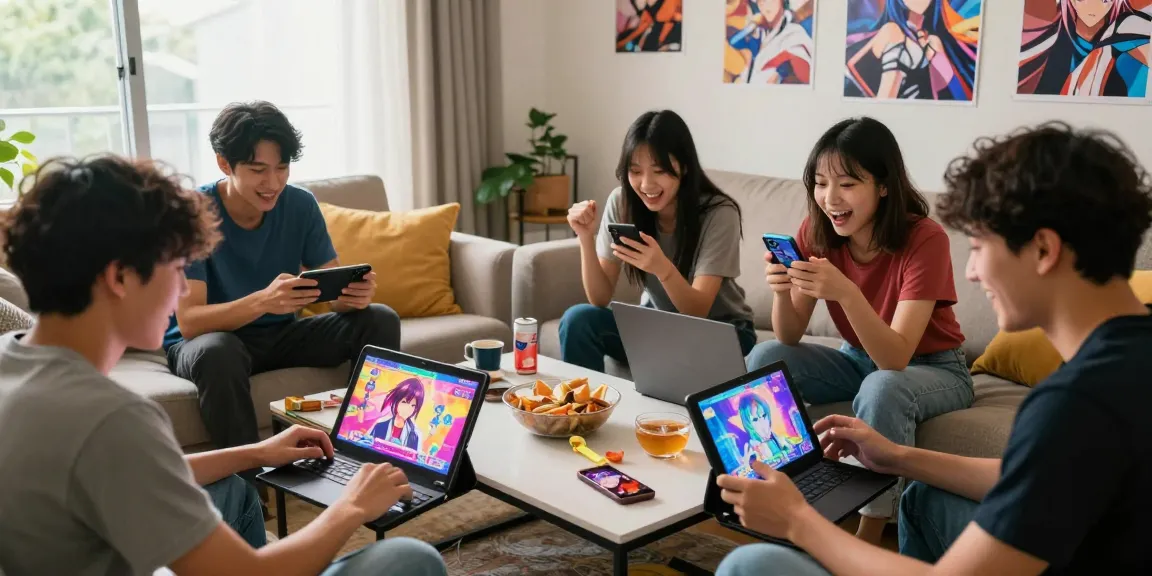 Group enjoying ecchi games on various devices in a lively living room setting.