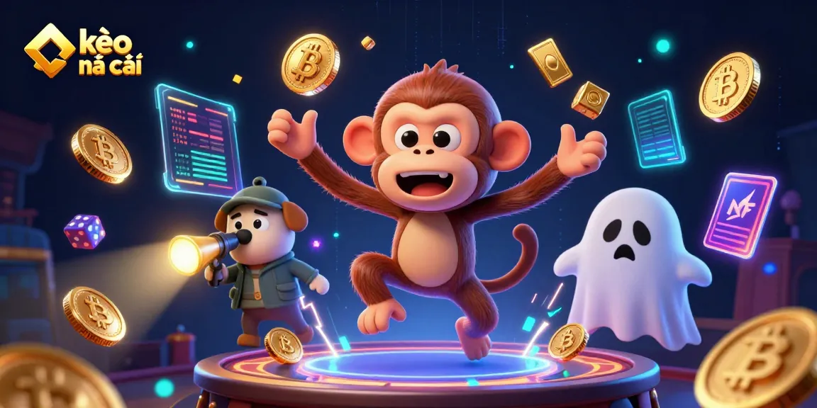 Engage in kèo nhà cái excitement as a mischievous monkey juggles golden tokens in a haunted casino.