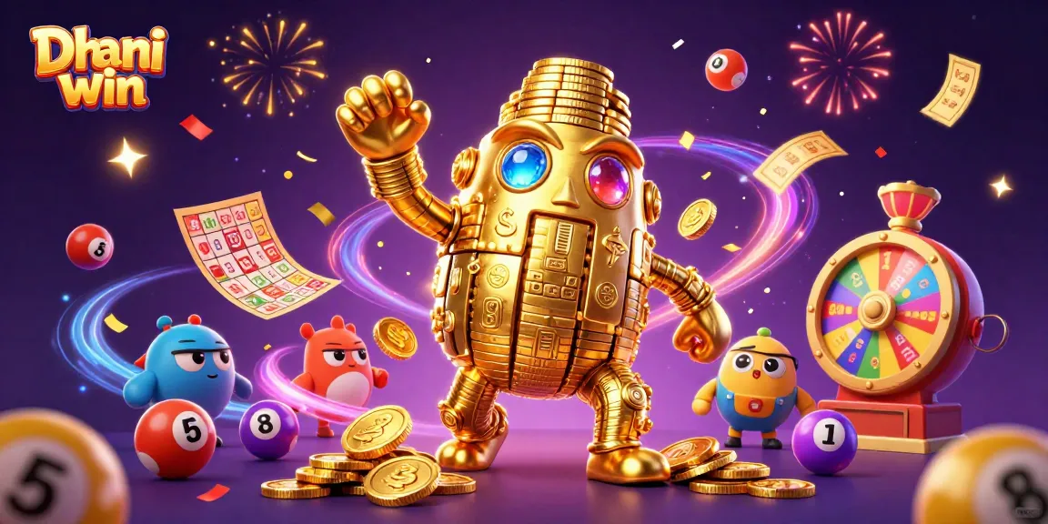 Engage with Dhani win lottery balls, exciting games, and dynamic prizes in vibrant 3D illustration.