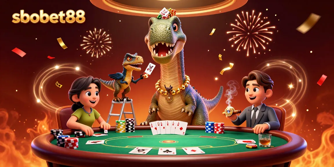 sbobet88 evokes exciting poker action with a towering brontosaurus overlooking a dynamic casino scene
