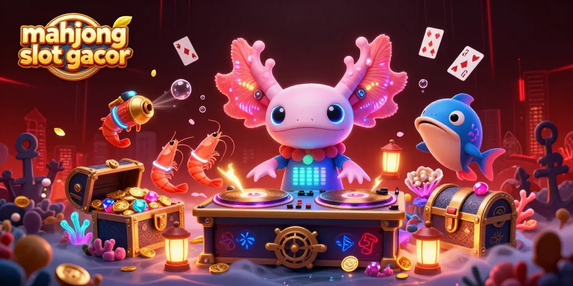 Engaging underwater scene with mahjong slot gacor, featuring a neon axolotl DJ amidst lively shrimp and glowing elements.